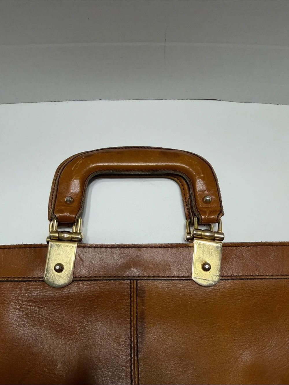 Men's Tan Leather Top-Handle Briefcase with Brass Accents